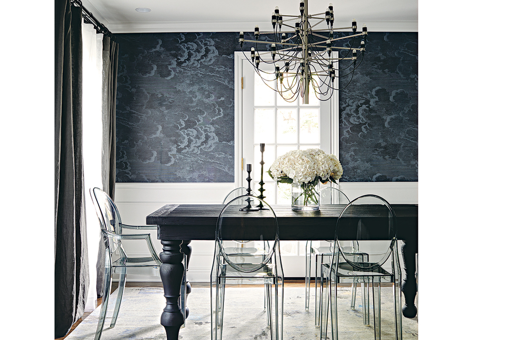You can inject deep, moody richness into a room’s design without taking an all-dark approach. Adding dark-colored accessories, such as wallpaper, drapes and wood furniture, can be just as effective as a coat of dark paint. (Courtesy of Alex Hayden)